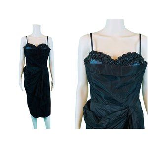 Vintage 50s Sarong Dress Womens Small Cocktail Black Blue Old Hollywood Wiggle